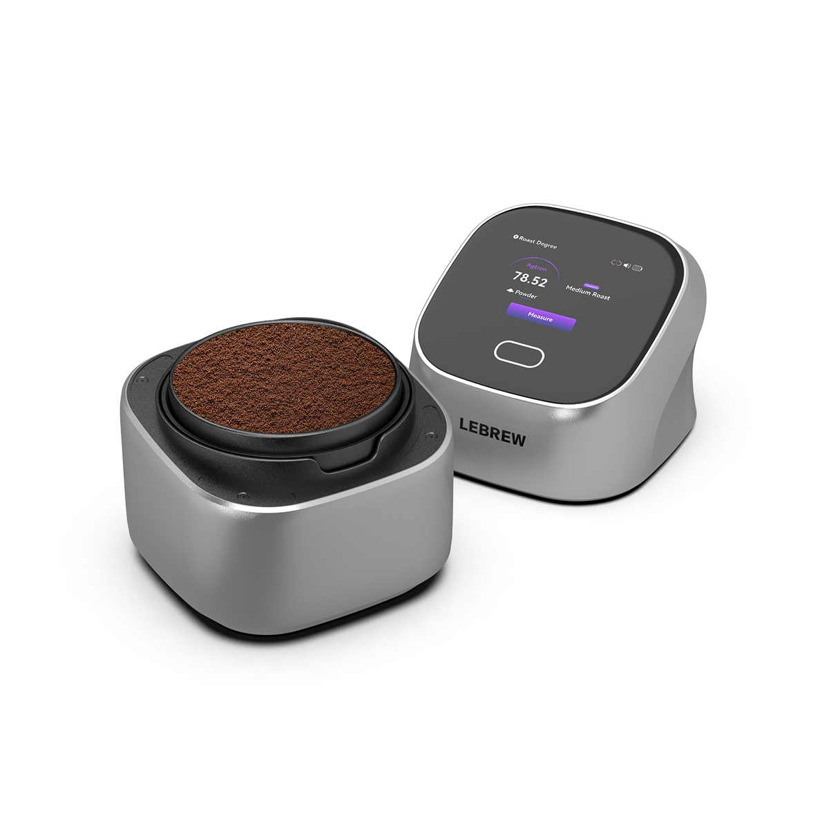 LeBrew RoastSee Fusion coffee analyzer displaying roasted coffee and measurement readouts.