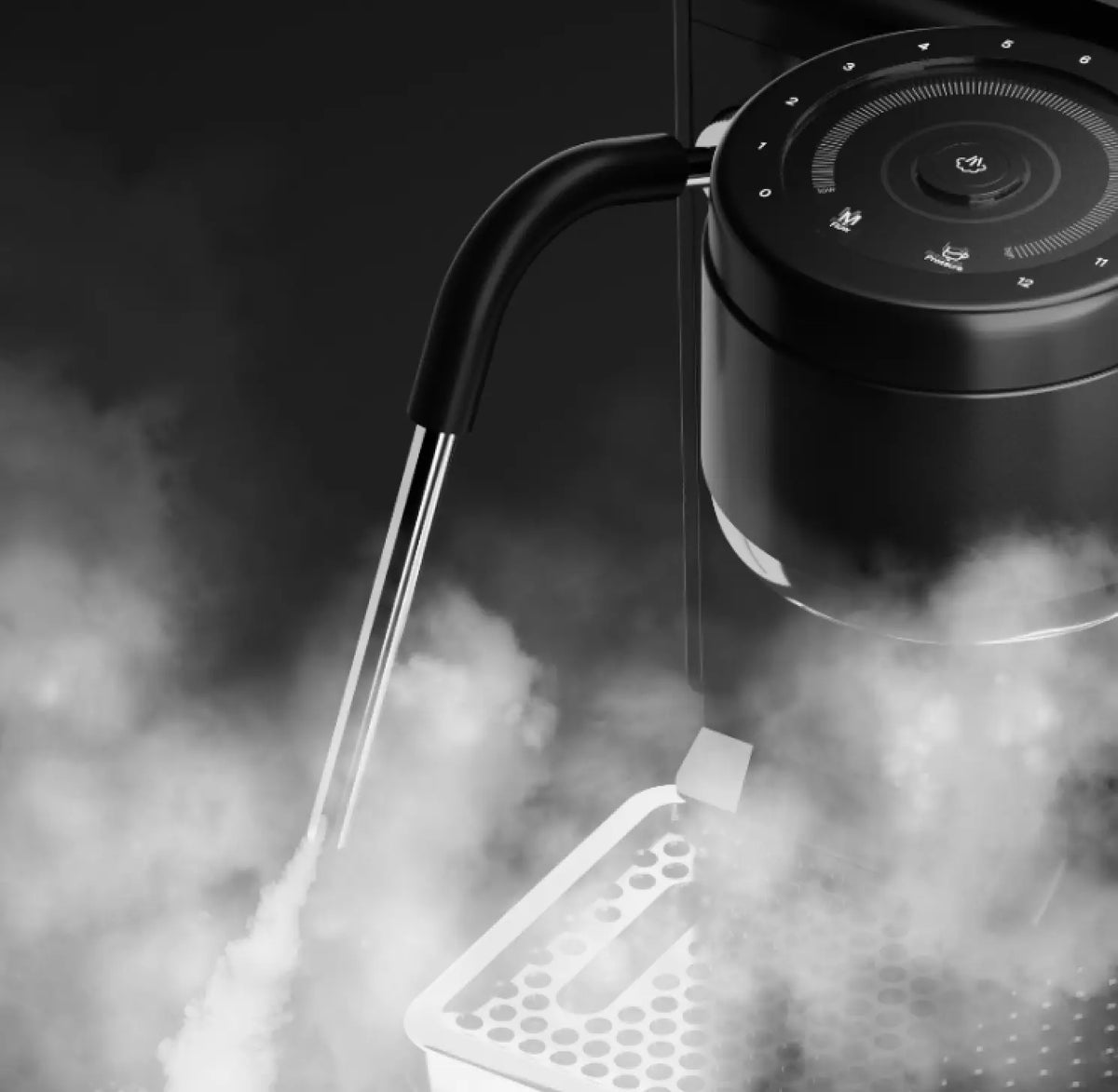 Close-up of the Wendougee LITA espresso machine showing steam and control features for perfect coffee brewing.